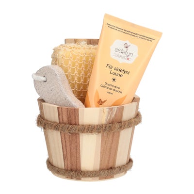 Geschenkset Holzkübel Duschcreme für sidefyni Luune