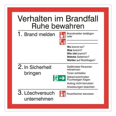 Rettungszeichen Schild Verhalten im Brandfall 20 x 20 cm