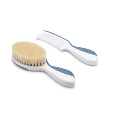 set brosse en poil de laine naturel et peigne bleu