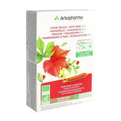 Arkofluide Vigne rouge Hamamélis Petit houx Marron d'Inde Ampoule buvable bio Arkofluide Vigne rouge Hamamélis Petit houx Marron d'Inde Ampoule buvable bio