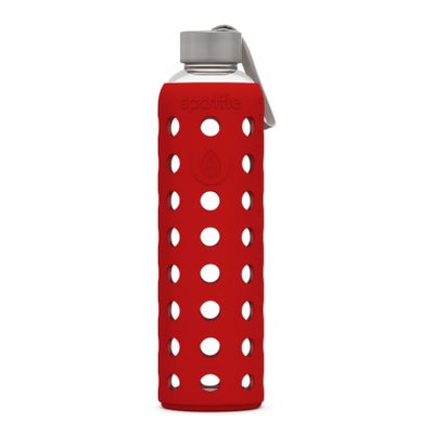 Glasflasche mit Silikonhülle rot, Edelstahldeckel
